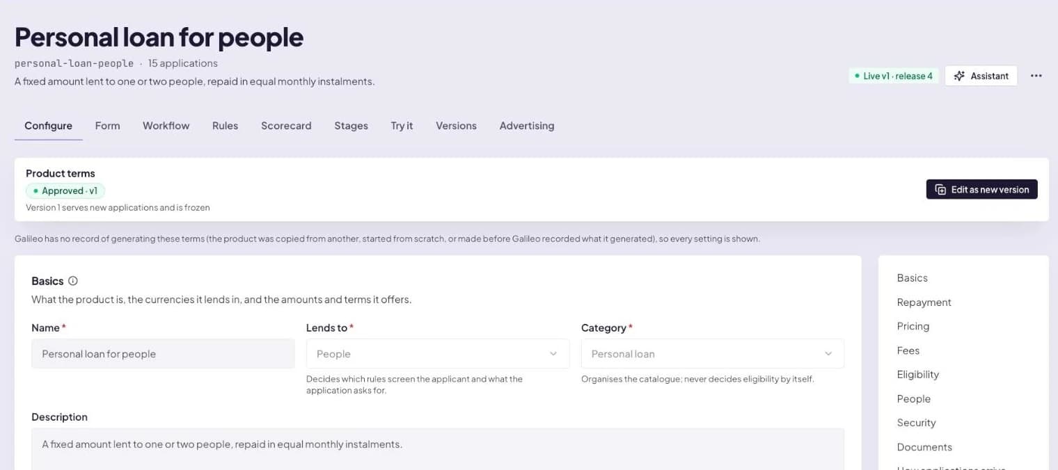 A personal loan product in the product editor, marked approved, version 1. Tabs read Configure, Form, Workflow, Rules, Scorecard, Stages, Try it and Versions. The Configure tab shows the product's basics, with sections for repayment, pricing, fees, eligibility, people, security and documents.